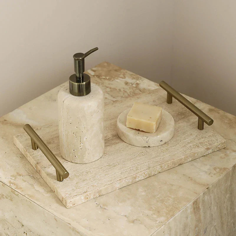 Italian Style Travertine Stone Tray with Golden Metal Handle