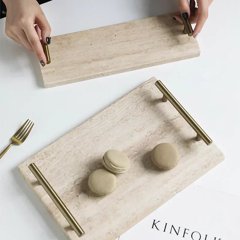 Italian Style Travertine Stone Tray with Golden Metal Handle