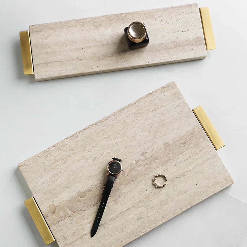 Italian Style Travertine Stone Tray with Golden Metal Handle