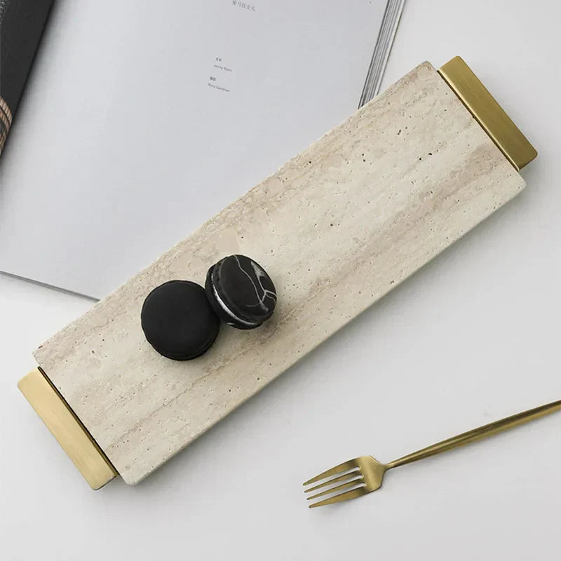 Italian Style Travertine Stone Tray with Golden Metal Handle