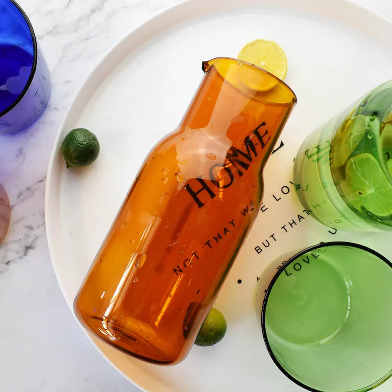 Bedside Water Carafe and Glass Set in Blue, Amber, Teal, Grey Glass