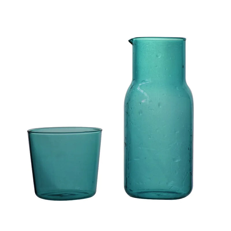 Bedside Water Carafe and Glass Set in Blue, Amber, Teal, Grey Glass