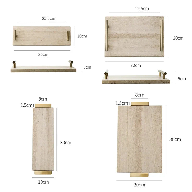 Italian Style Travertine Stone Tray with Golden Metal Handle