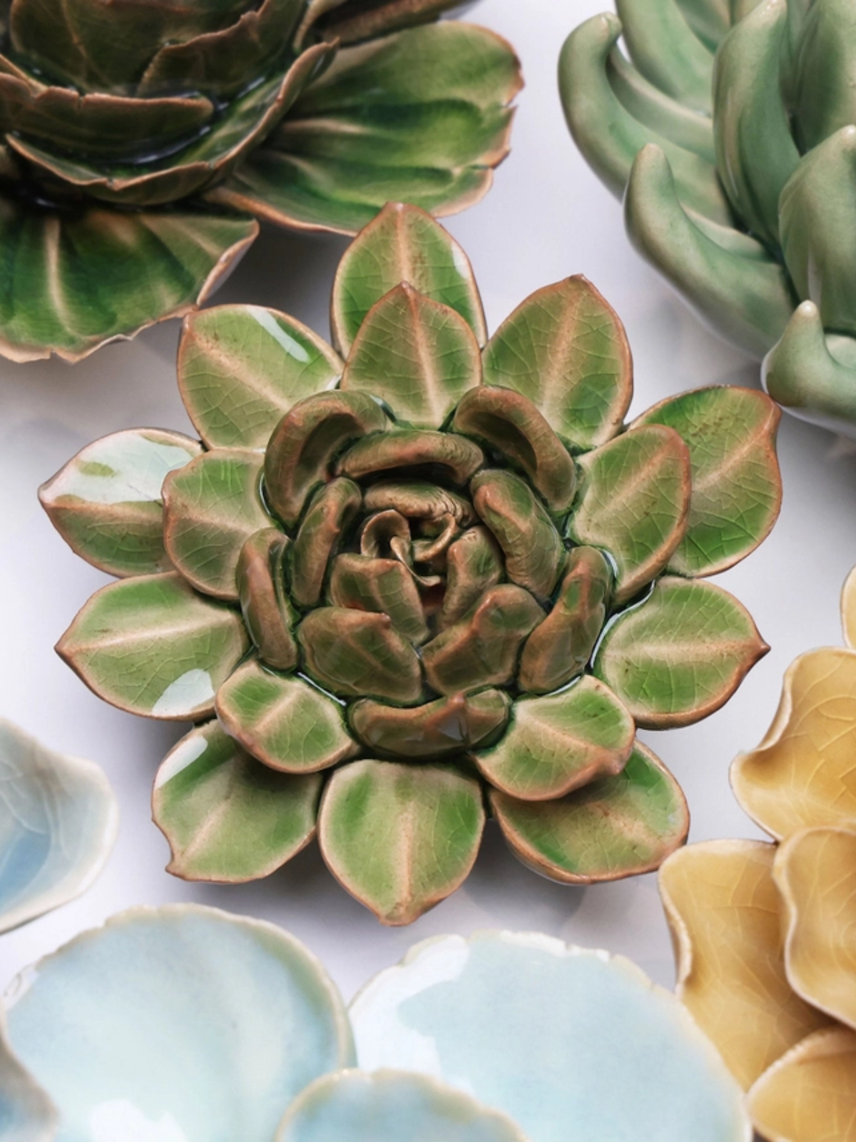Ceramic Small Green Succulent - Echeveria - Table Decoration or Wall Hanging