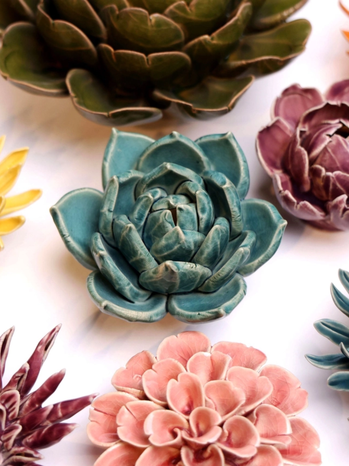 Ceramic Small Teal Succulent - Echeveria - Table Decoration or Wall Hanging