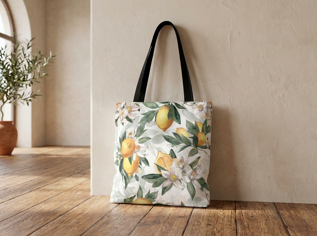 Mediterranean Lemon Blossom Tote Bag — Floral Citrus, White with Black Handle