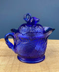 Cobalt Blue Creamer with Swan-Shaped Handle and Lid. Glass Creamer with Embossed Reed and Swans. Collectible Glass.