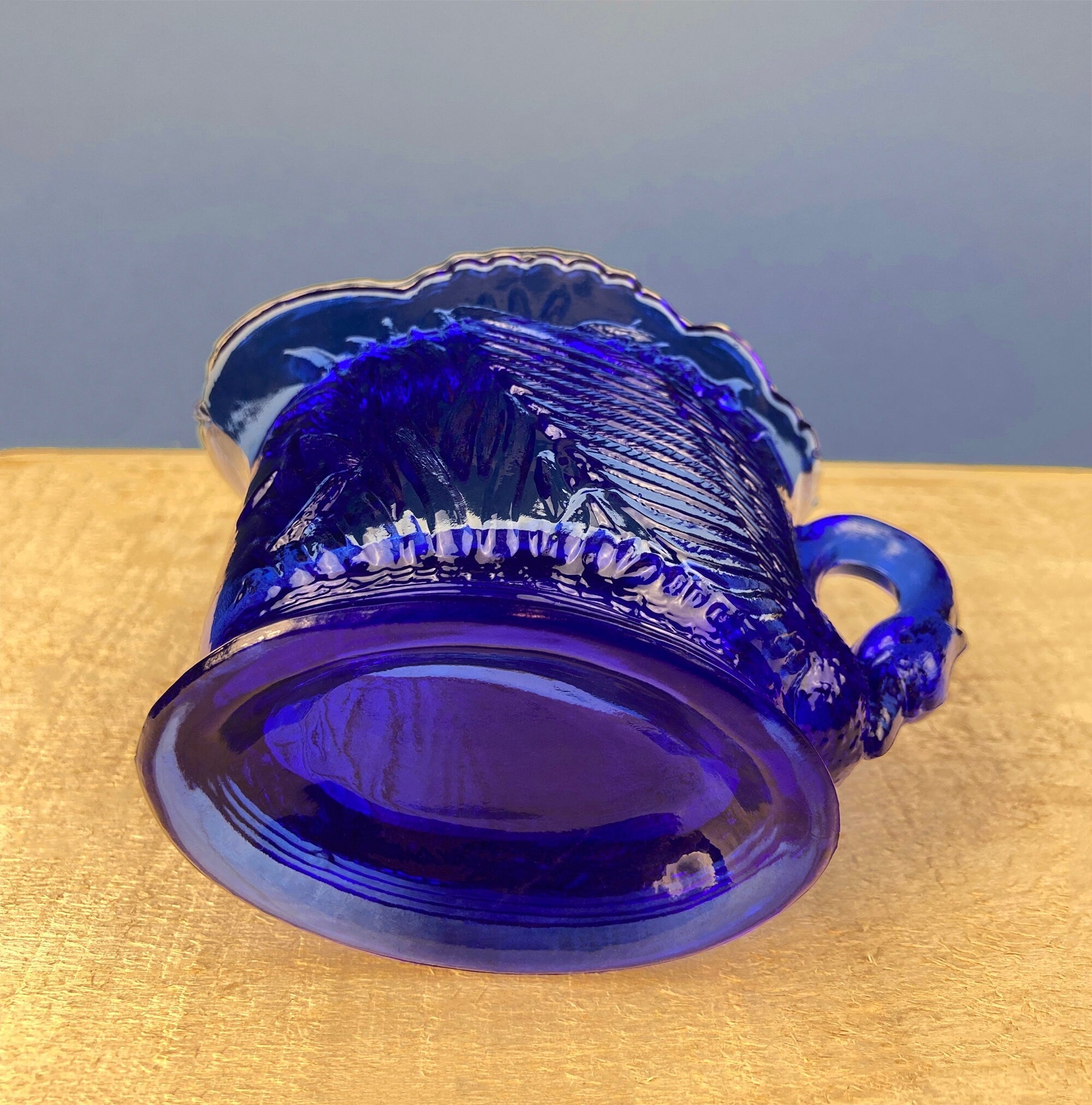 Cobalt Blue Creamer with Swan-Shaped Handle and Lid. Glass Creamer with Embossed Reed and Swans. Collectible Glass.