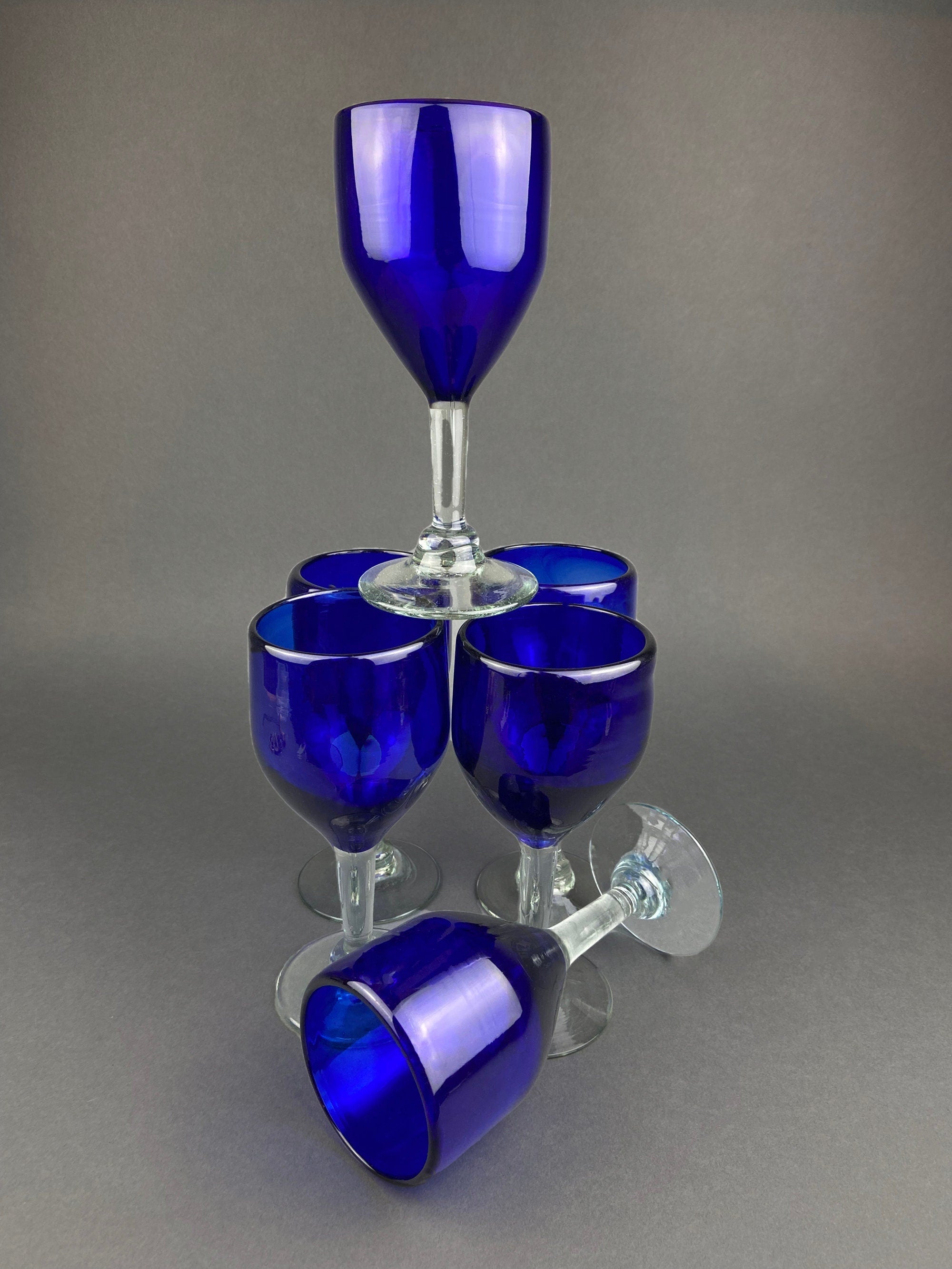 Cobalt Blue Hand Blown Stemware.  Set of Six Heavy Spanish/Mexican Style Stemed Glasses. Primitive Drinkware. Stylish Barware.