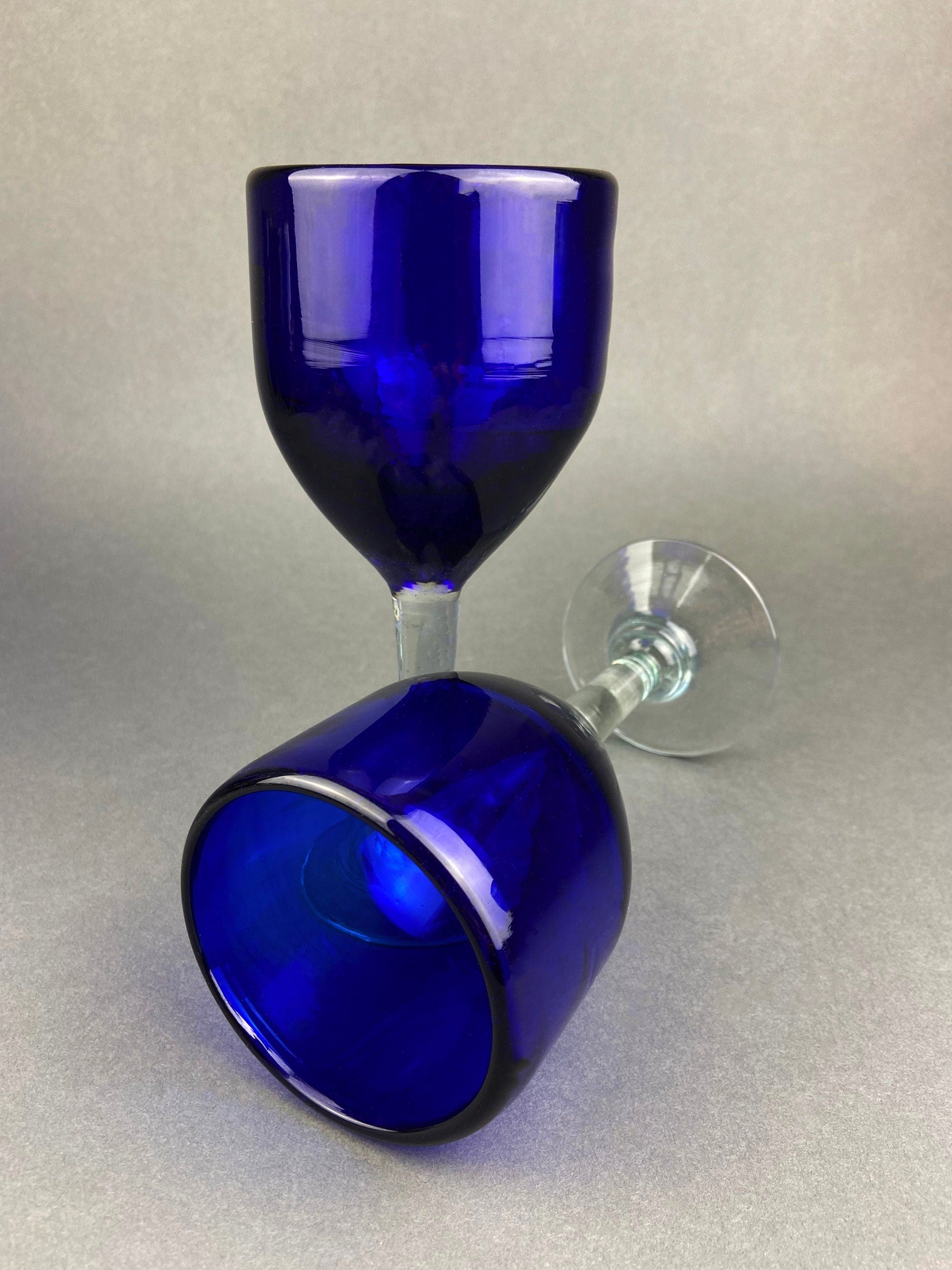 Cobalt Blue Hand Blown Stemware.  Set of Six Heavy Spanish/Mexican Style Stemed Glasses. Primitive Drinkware. Stylish Barware.