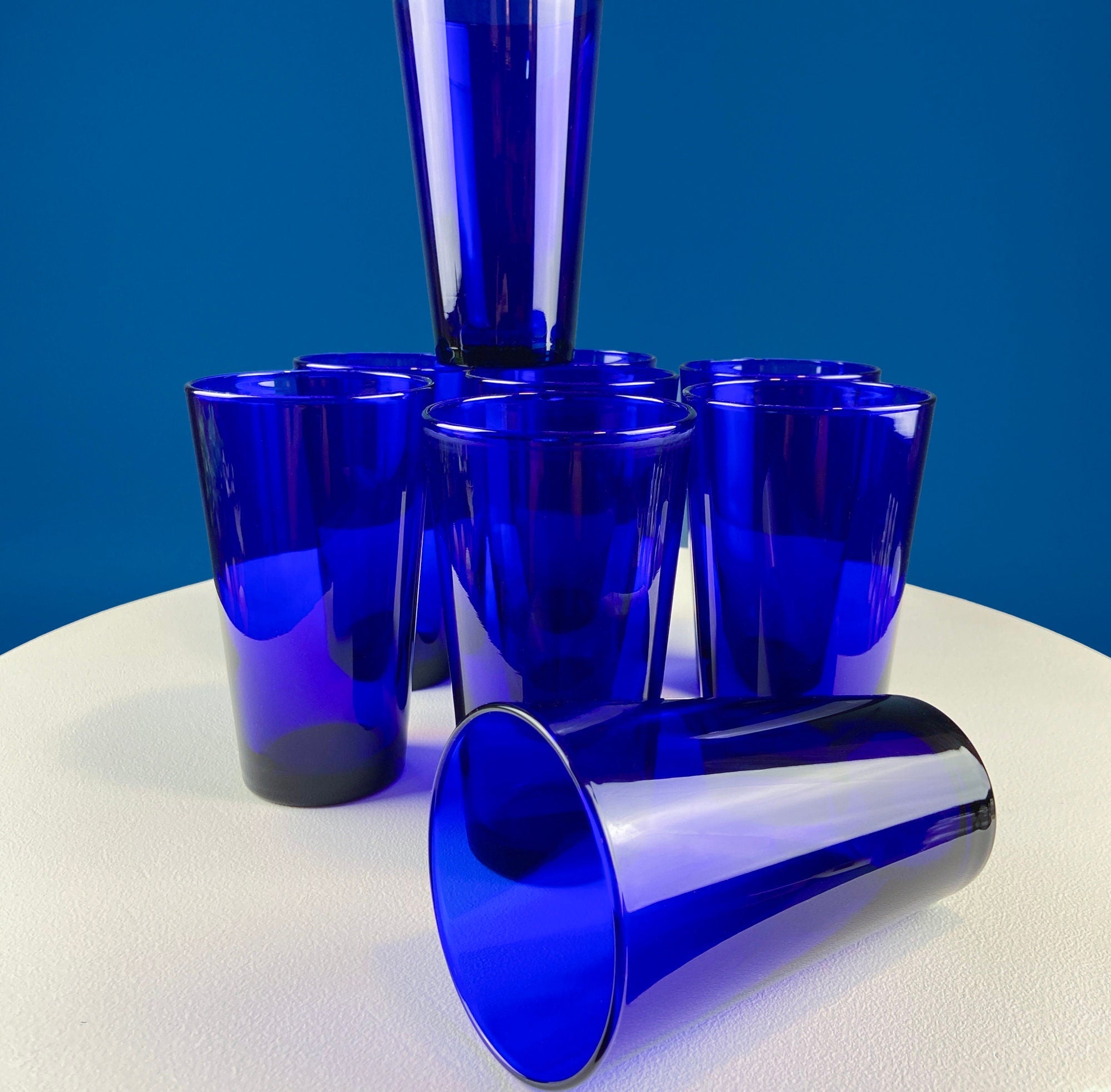 Modern Cobalt Blue Tumblers. Set of Nine Minimal Glasses. Blue Kitchen Decor. Dining Room Decor. Cottagecore Living. Collectible Glass.