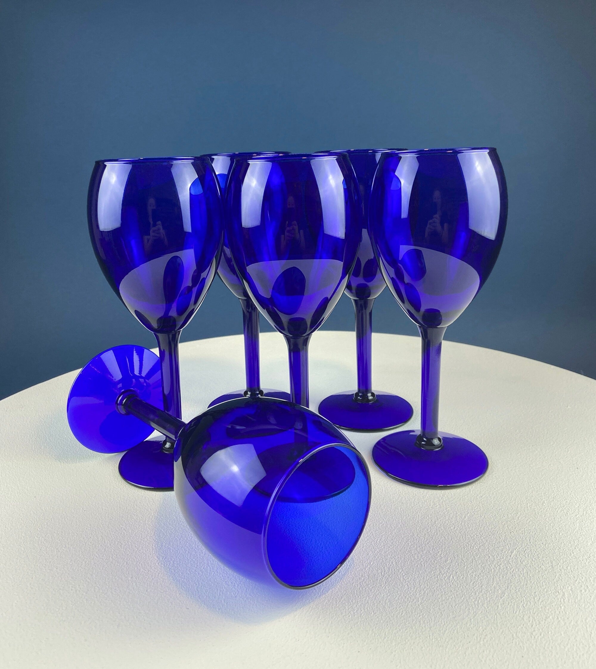 Cobalt Blue Wine Glasses. Set of Six Stemware. Dark Blue Modern Glasses. Holiday Celebration.