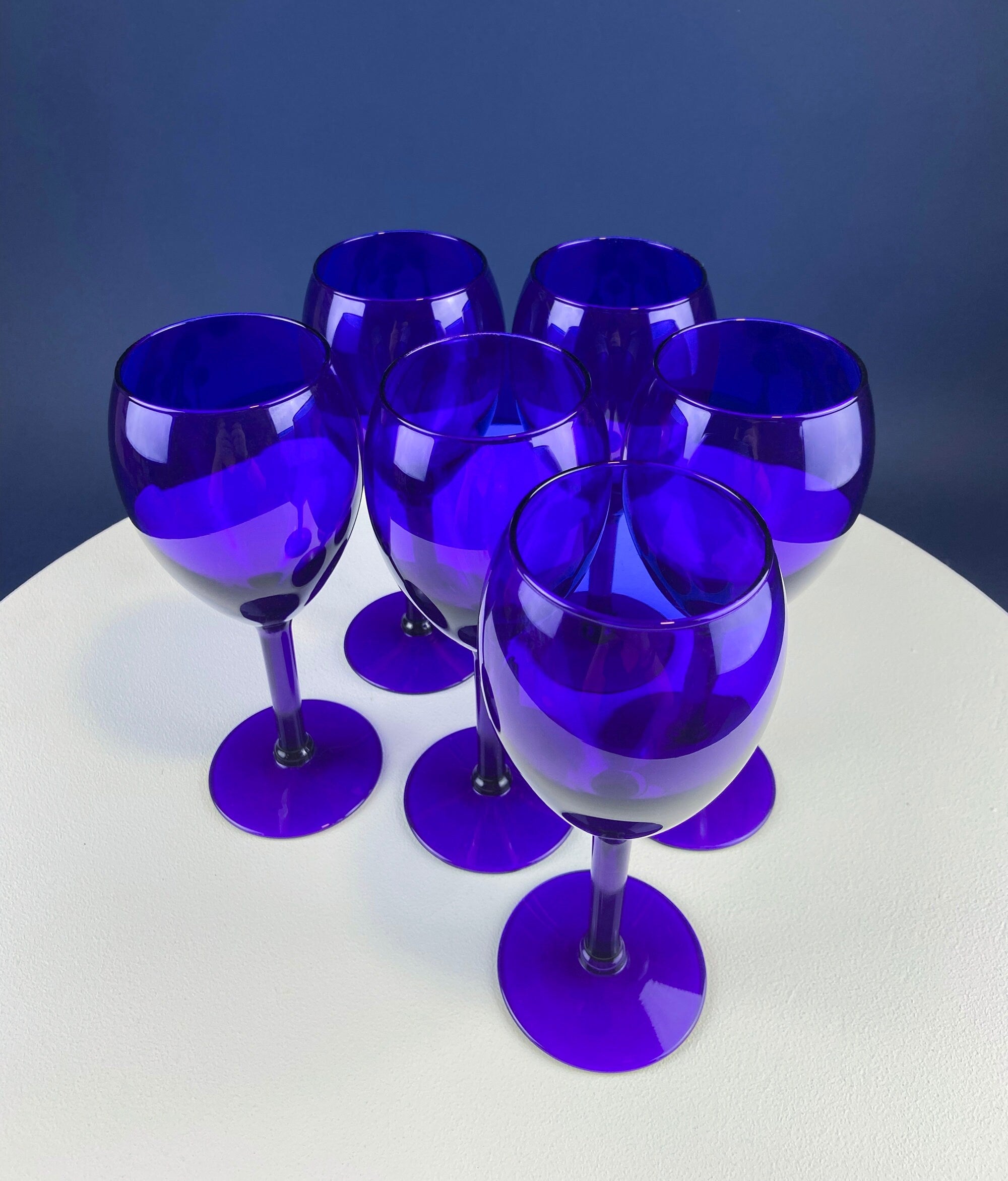 Cobalt Blue Wine Glasses. Set of Six Stemware. Dark Blue Modern Glasses. Holiday Celebration.