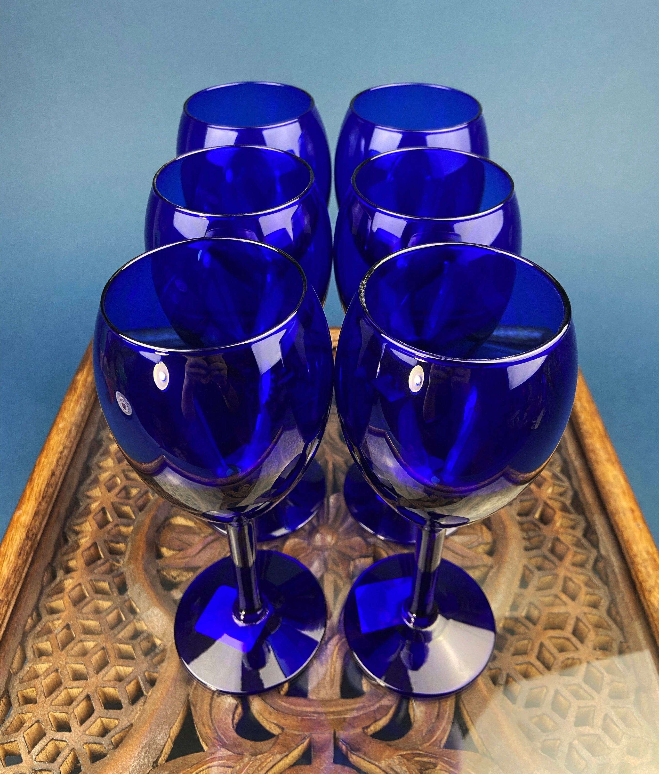 Cobalt Blue Wine Glasses. Set of Six Stemware. Dark Blue Modern Glasses. Holiday Celebration.