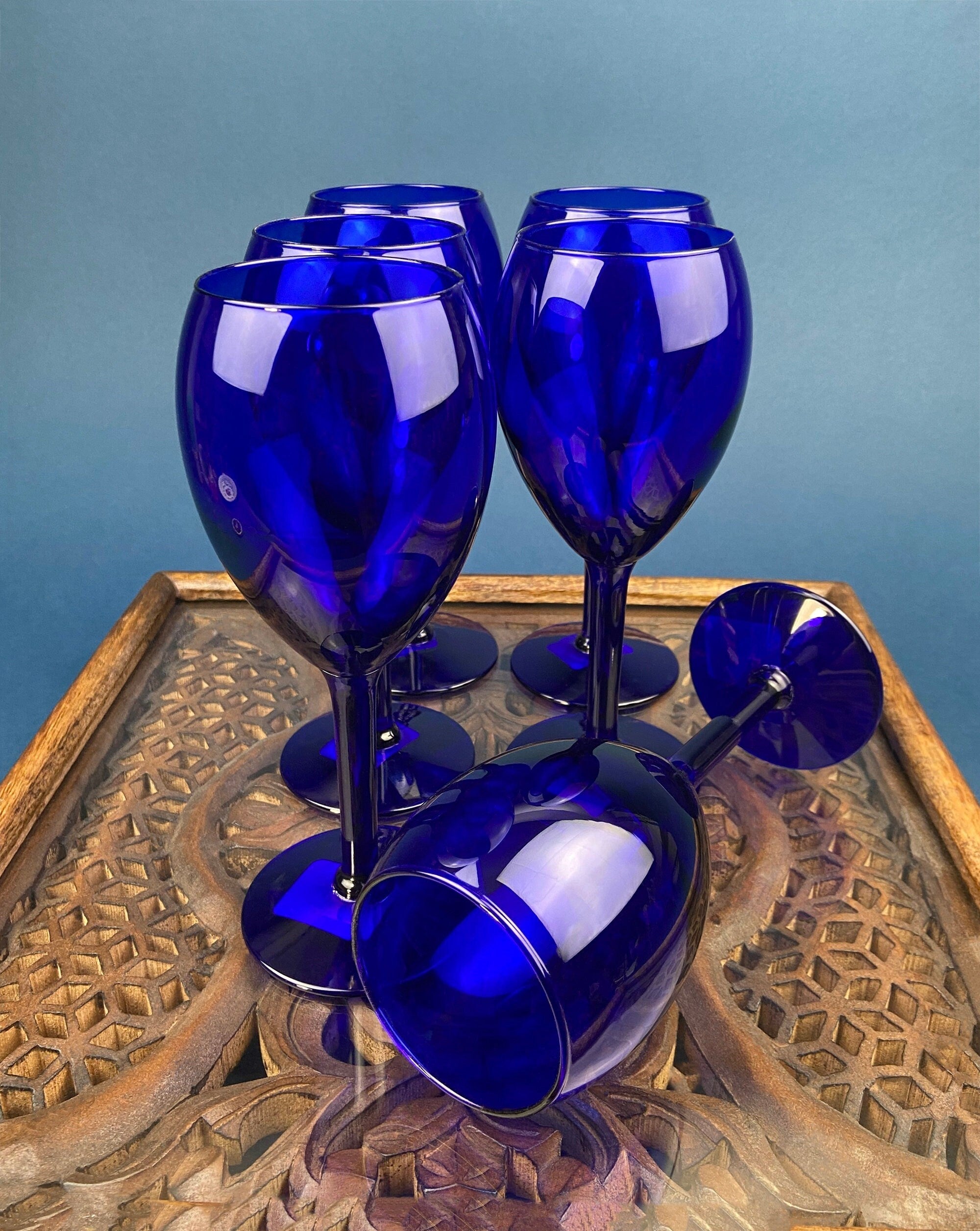 Cobalt Blue Wine Glasses. Set of Six Stemware. Dark Blue Modern Glasses. Holiday Celebration.