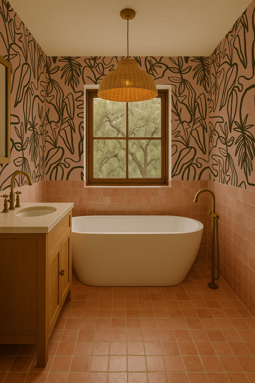 Inked Foliage Wallpaper, peach and olive green