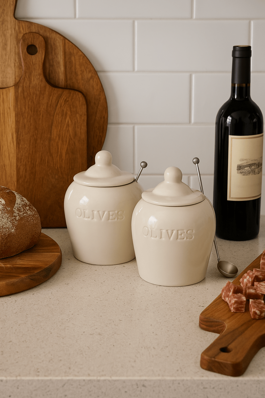 Set of 2 Stoneware Olive Jars with Slotted Spoon