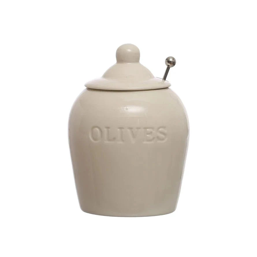 Natural ceramic jar with 'OLIVES' text on a white background