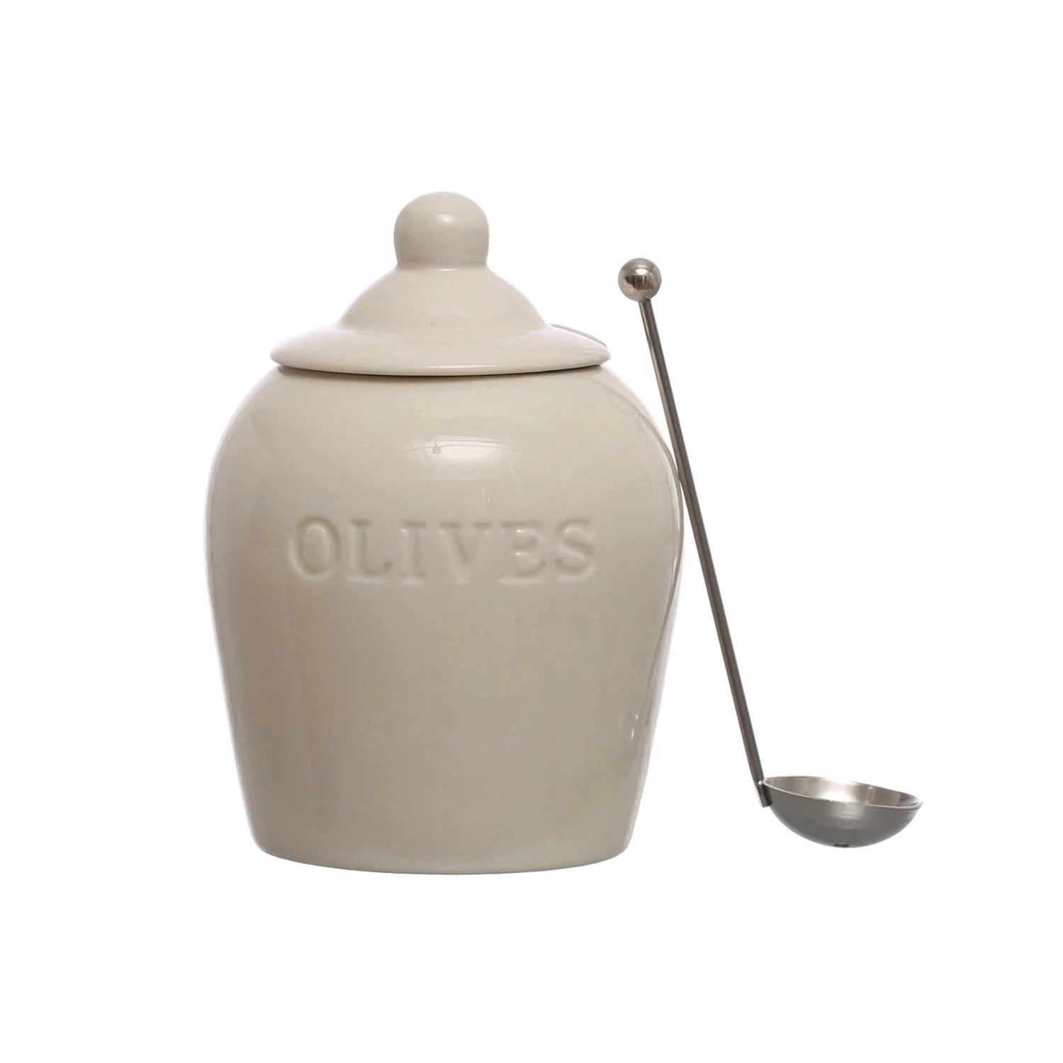 Beige ceramic jar labeled 'Olives' with a metal scoop on a white background