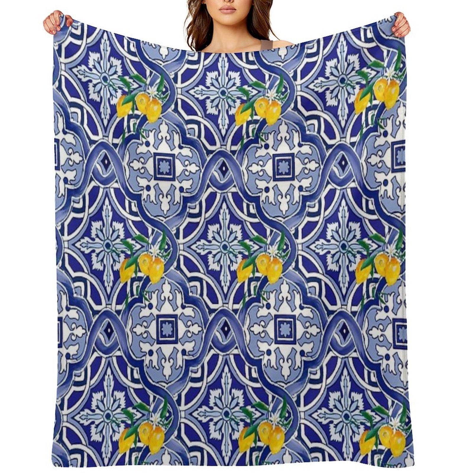 Mediterranean Blue Tiles Pattern Throw Blanket
