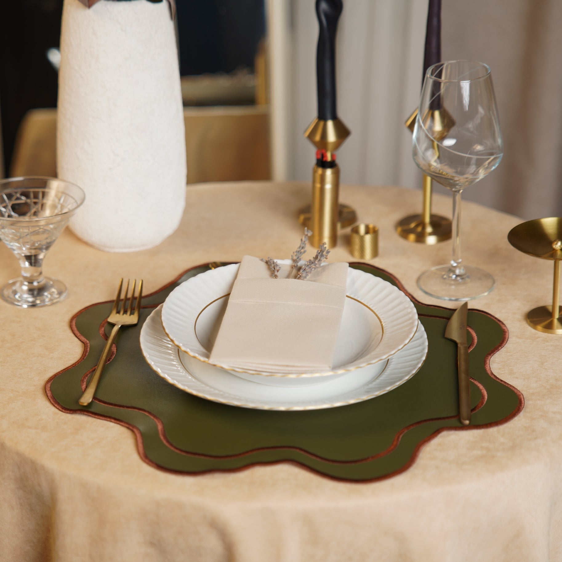 Haven Dark Green Brown Trim Wavy Edge Faux Leather Placemat