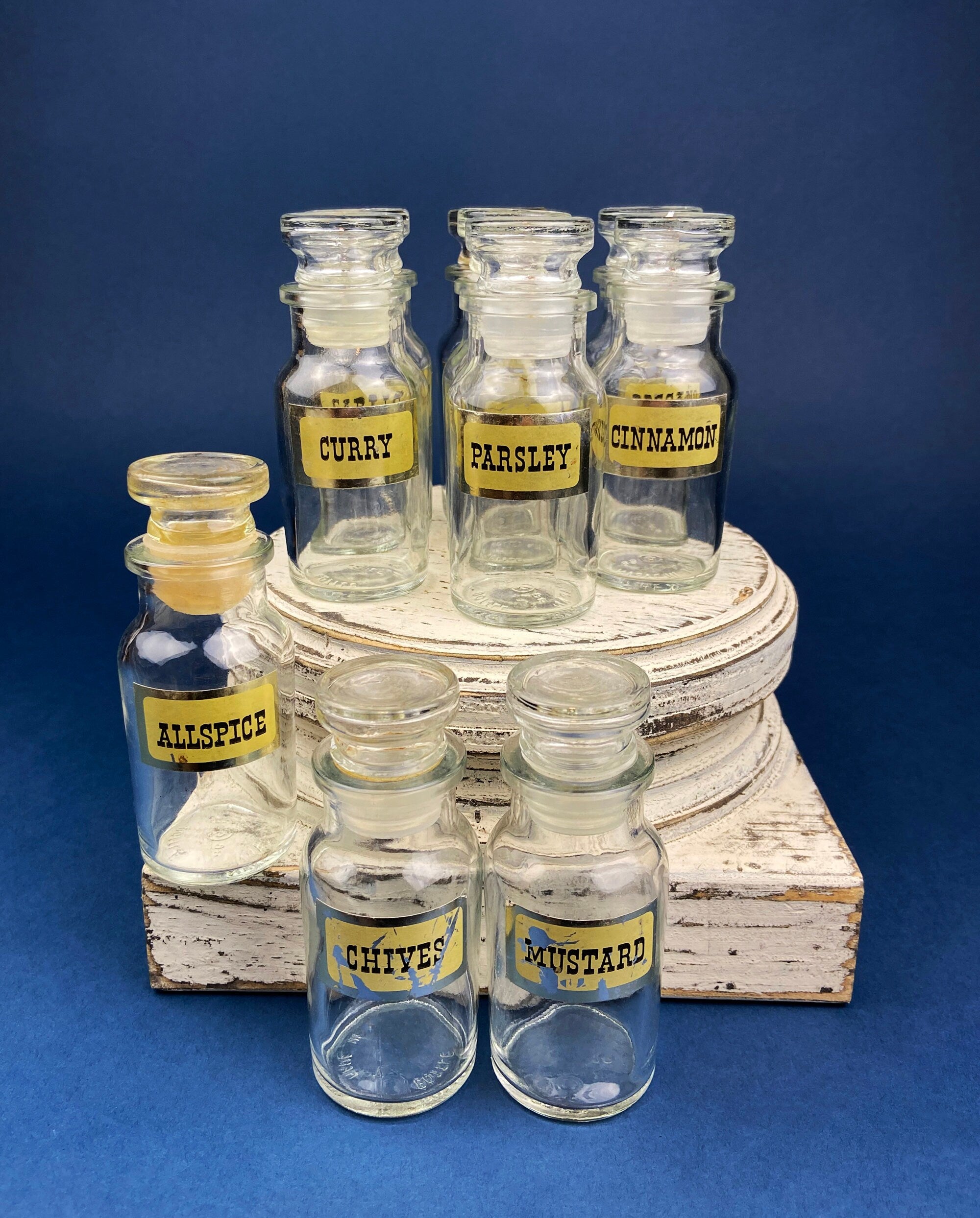 Vintage Glass Apothecary Bottles with Stoppers. Cobalt Blue Collectible Caps For Home, Cafe or Store Display.