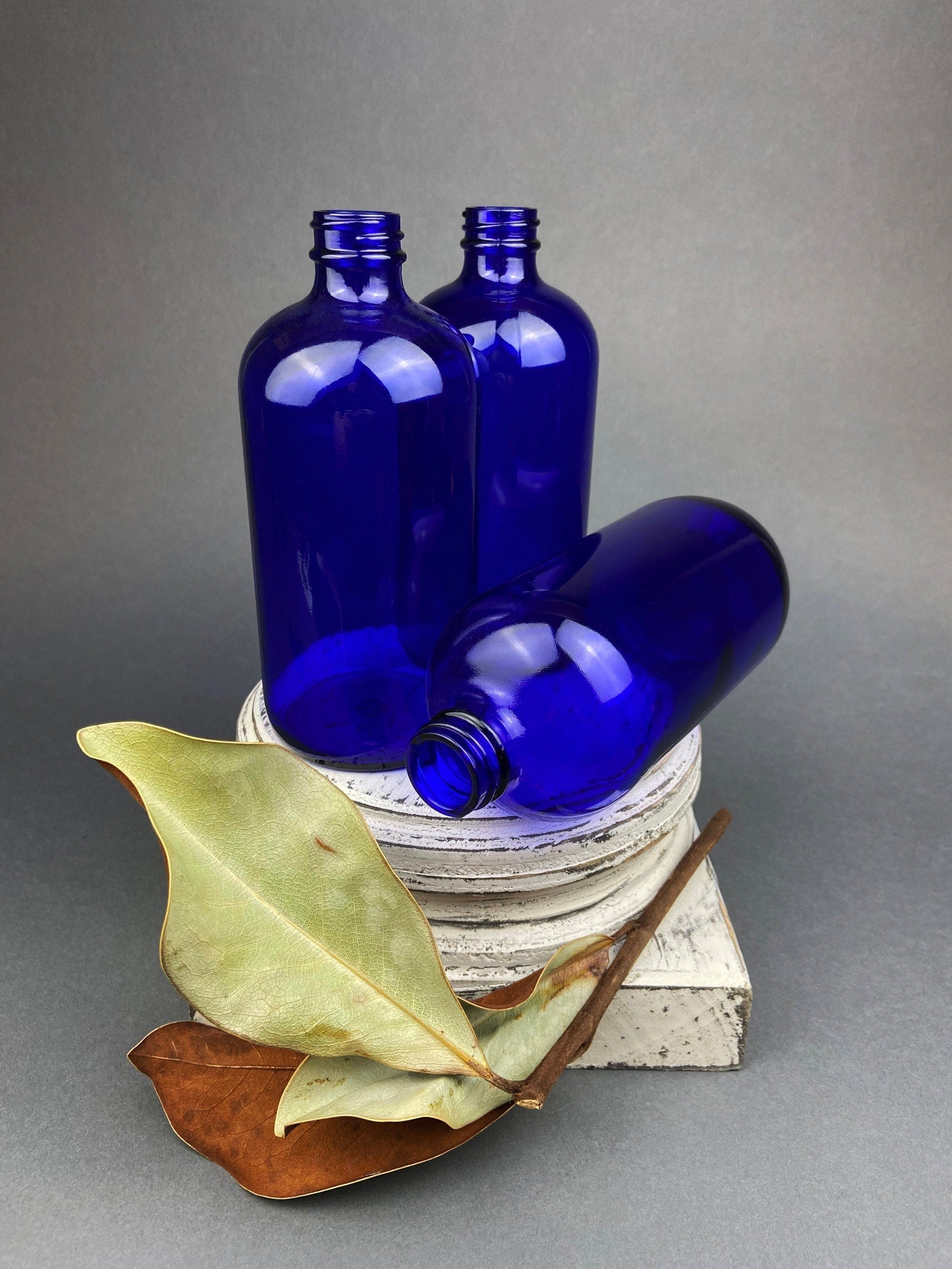 Vintage Glass Apothecary Bottles with Stoppers. Cobalt Blue Collectible Caps For Home, Cafe or Store Display.