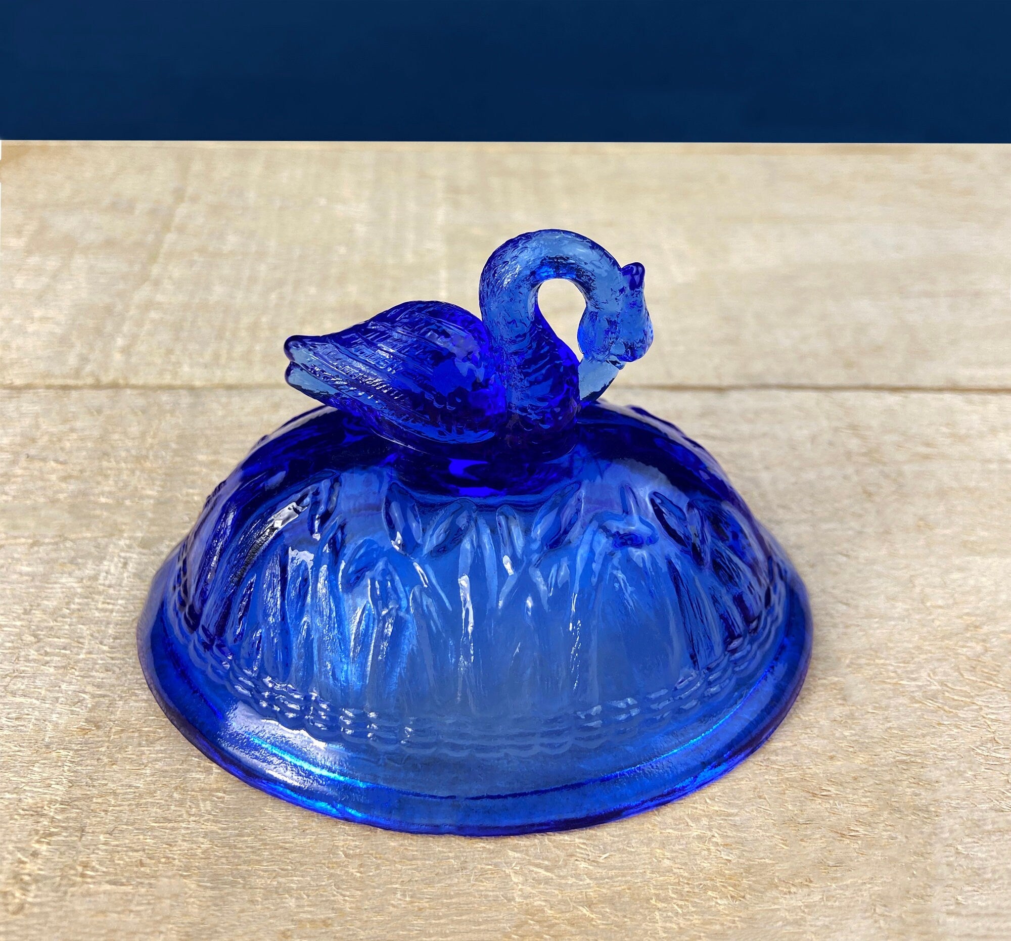 Cobalt Blue Creamer with Swan-Shaped Handle and Lid. Glass Creamer with Embossed Reed and Swans. Collectible Glass.
