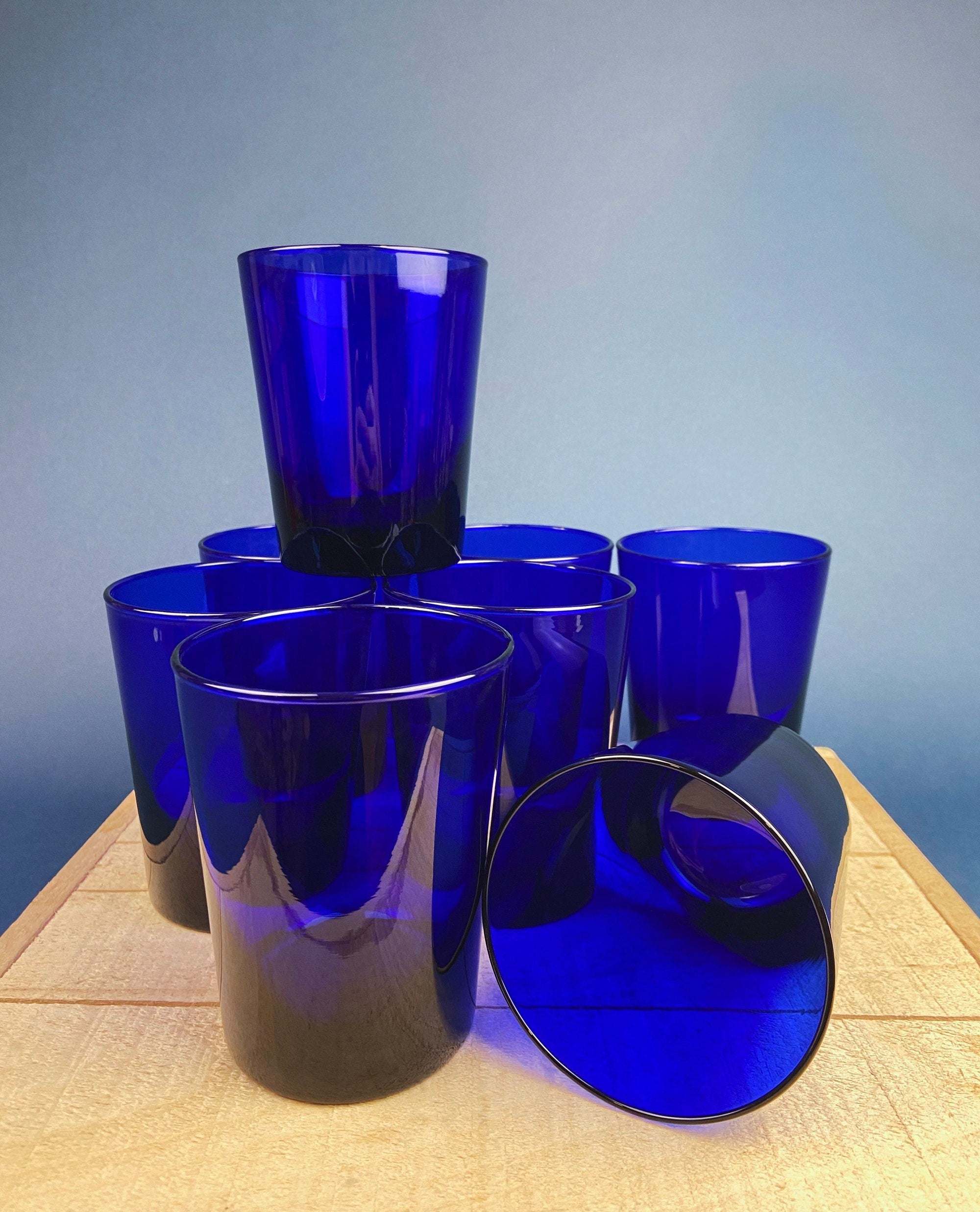 Modern Cobalt Blue Tumblers. Set of Nine Minimal Glasses. Blue Kitchen Decor. Dining Room Decor. Cottagecore Living. Collectible Glass.