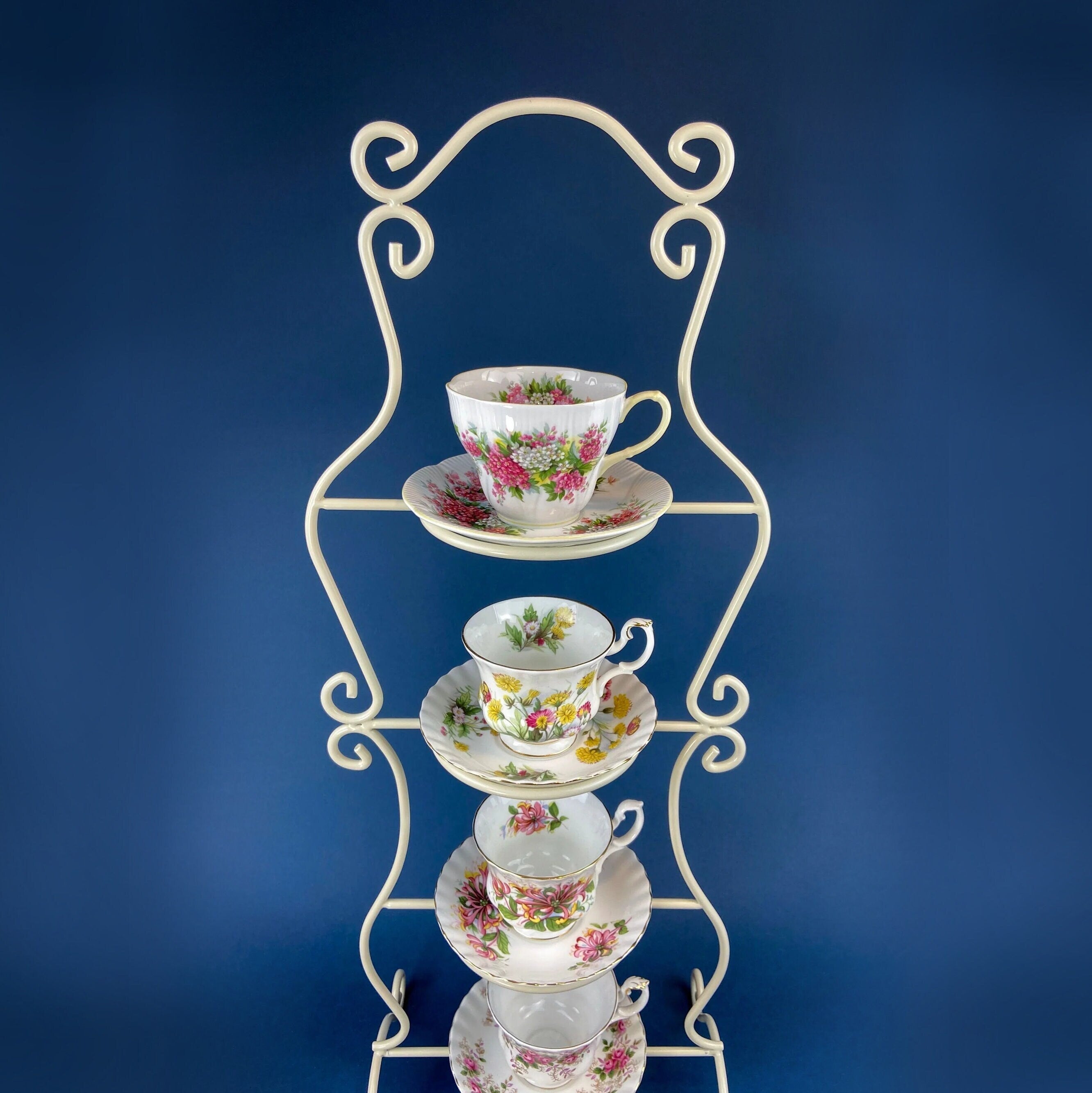 Antique 2-Tiered Display Stand for Sweets, Baked Goods, Cup Cakes, Fruit. Cobalt Blue & Gold Motifs. Dining Rm Decor. Tea Party Accessories.