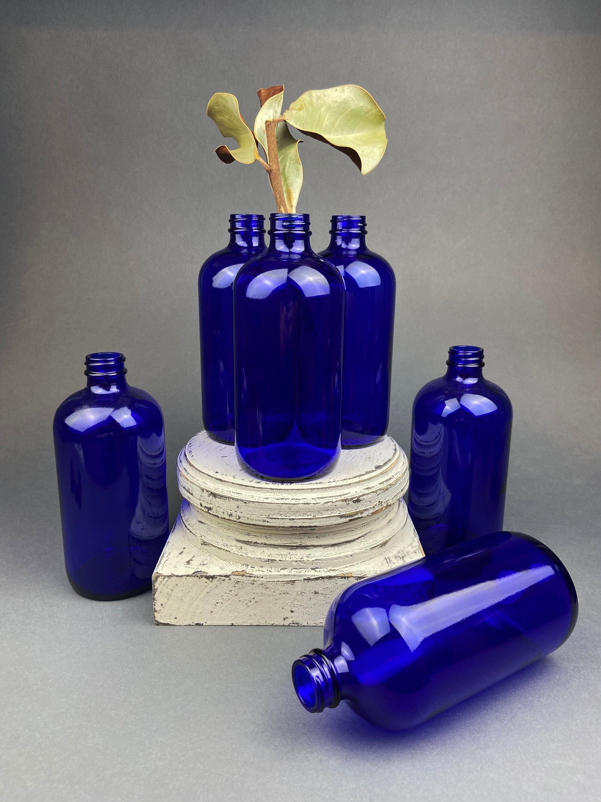Vintage Glass Apothecary Bottles with Stoppers. Cobalt Blue Collectible Caps For Home, Cafe or Store Display.