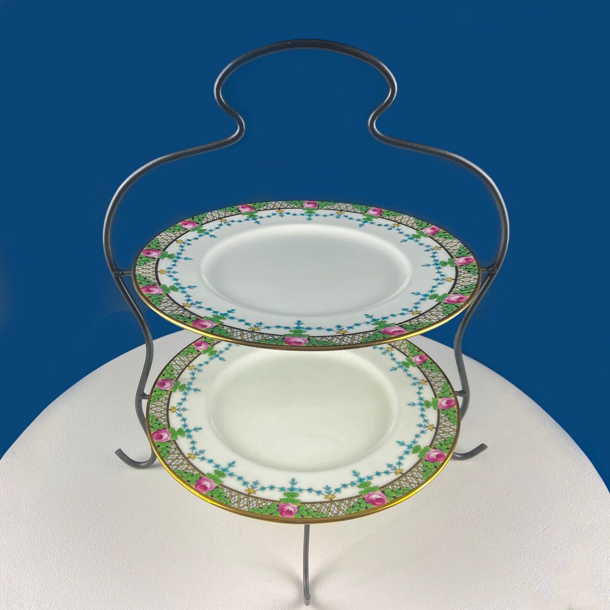 Antique 2-Tiered Display Stand for Sweets, Baked Goods, Cup Cakes, Fruit. Cobalt Blue & Gold Motifs. Dining Rm Decor. Tea Party Accessories.