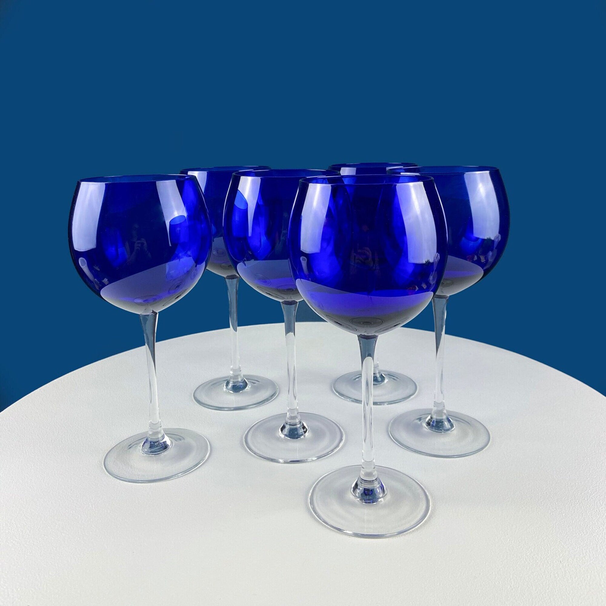 Cobalt Blue Glass Water Goblets. Set of 6 Modern Stemware. Dark Blue Minimal Glassware. Serveware. Dining Room. Gift for Him or Her.