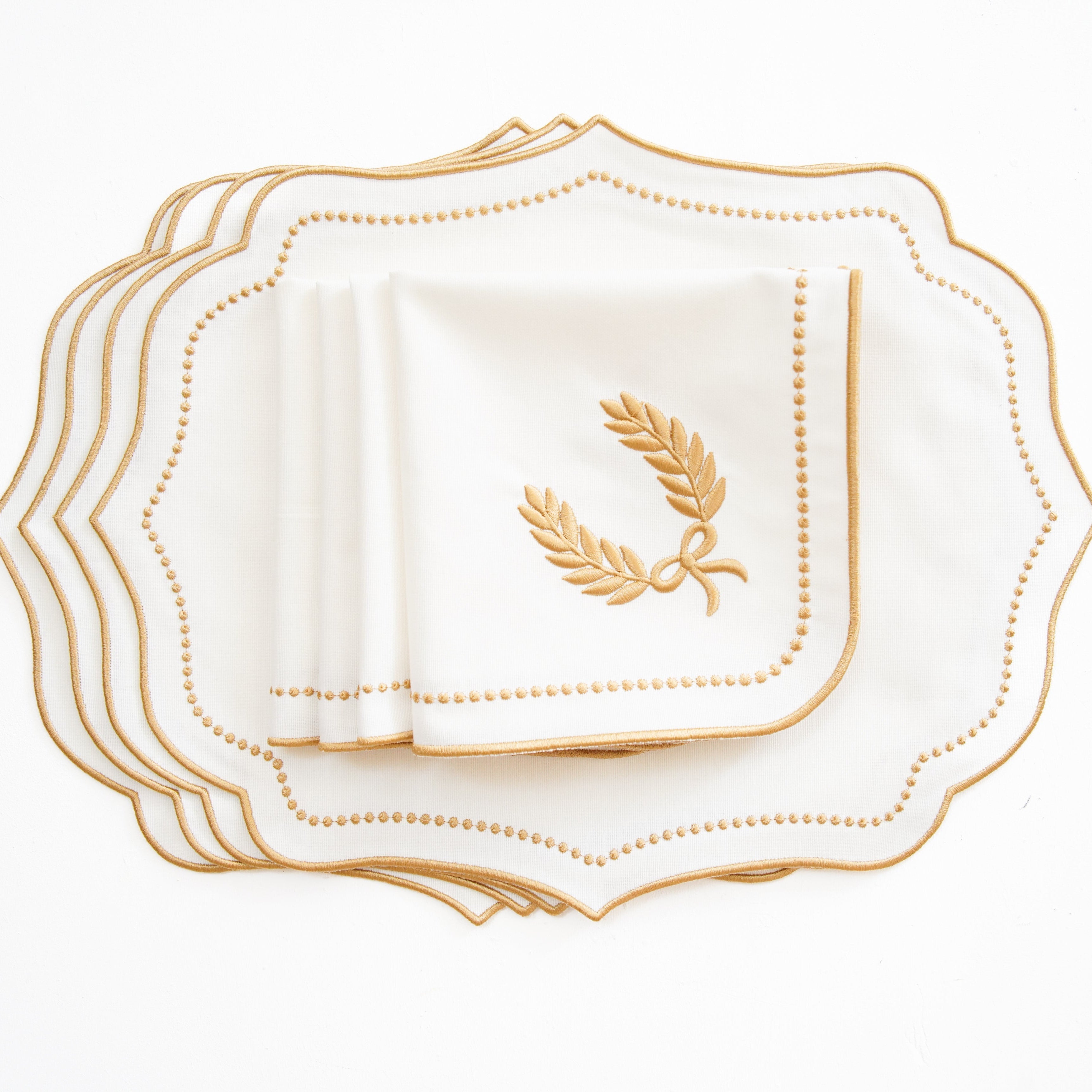Luna Ivory Gold Trim Fabric Placemat Napkin Set