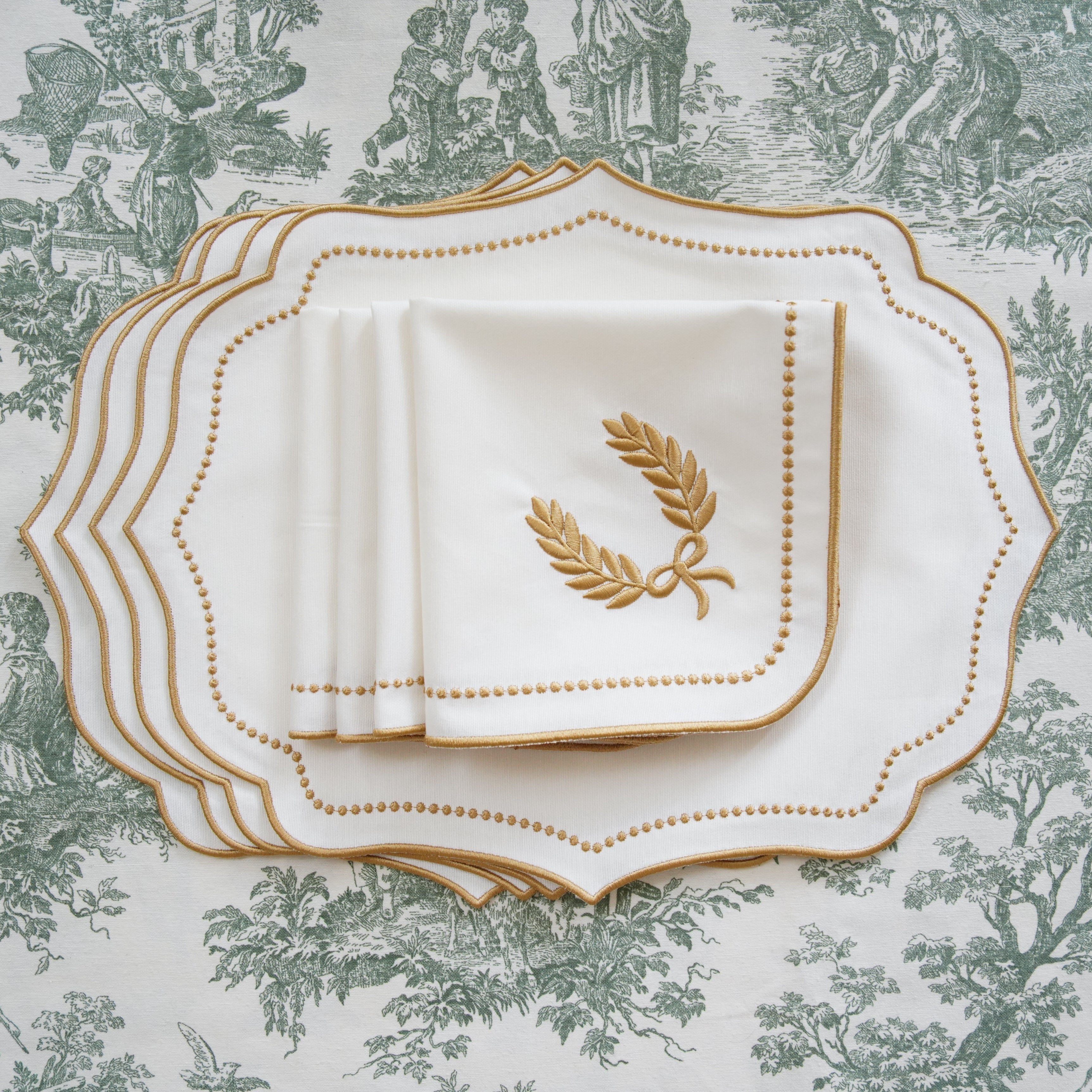 Luna Ivory Gold Trim Fabric Placemat Napkin Set