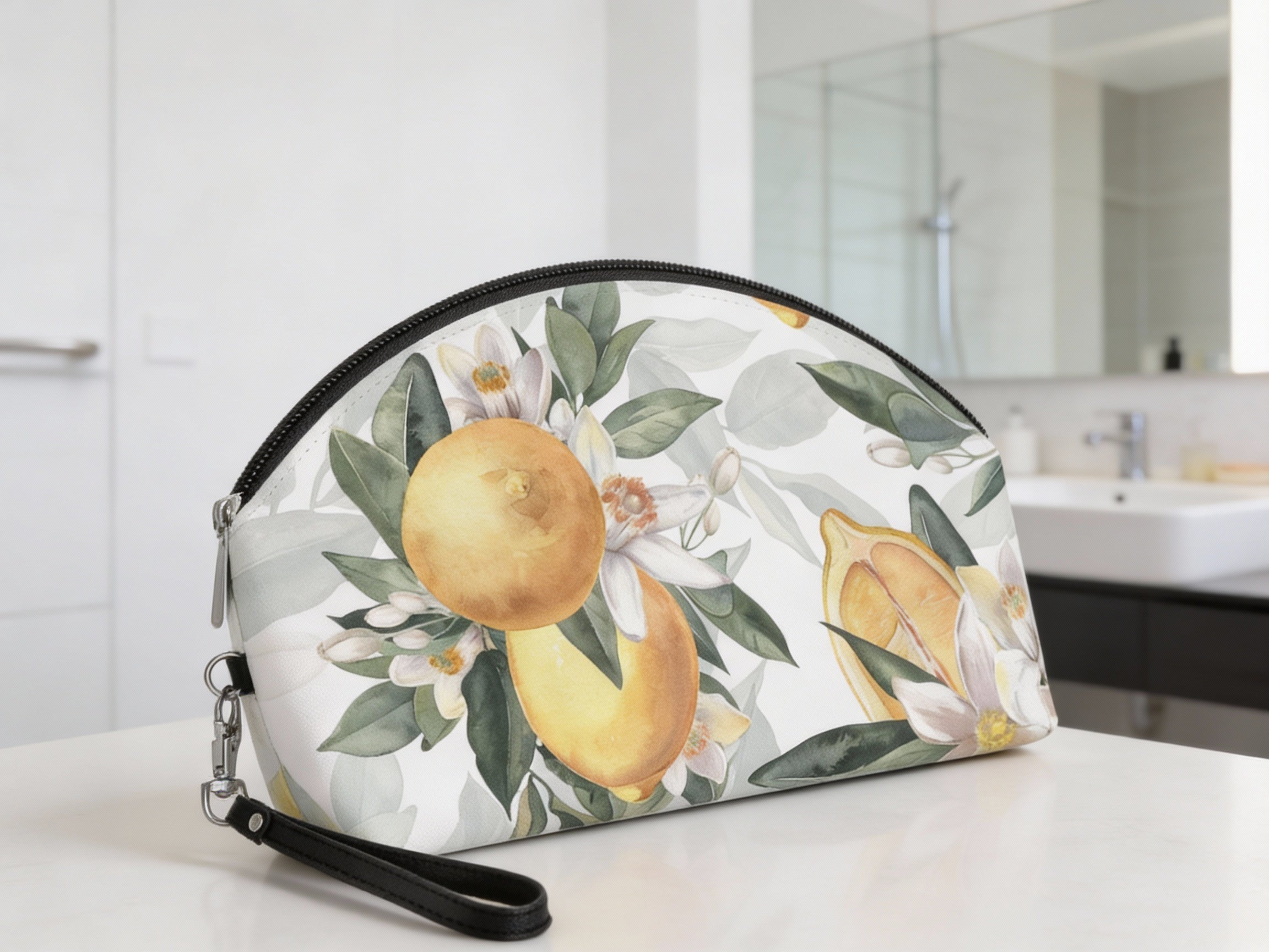 Mediterranean Lemon Blossom Makeup Bag — Citrus Floral Cosmetic Pouch
