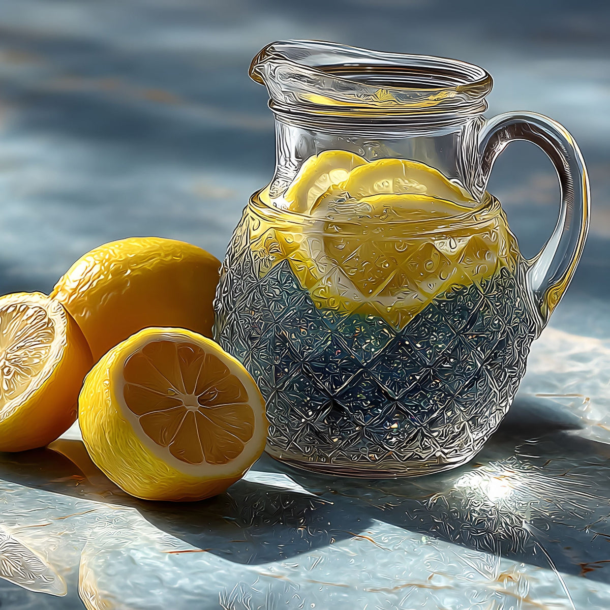 Clear glass pitcher with lemons and ice on a reflective surface